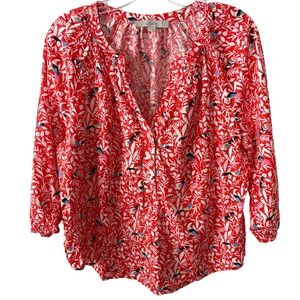 LOFT Women's Orange Tropical Bird Print Top in Size L